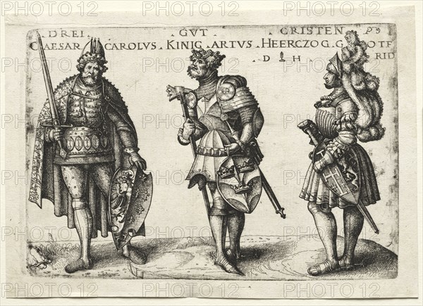 Three Worthy Christians, after 1516. Daniel I Hopfer (German, c. 1470-1536), after a design by Hans Burgkmair (German, 1473-1531). Etching; sheet: 17 x 24.5 cm (6 11/16 x 9 5/8 in.); platemark: 14.8 x 22.1 cm (5 13/16 x 8 11/16 in.)