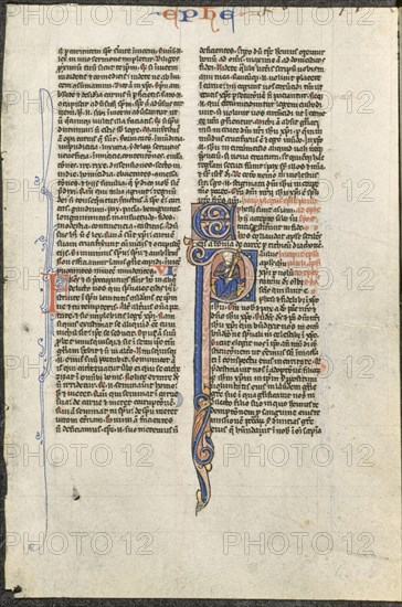 Leaf from a Latin Bible: Initial P with St. Paul Holding a Sword (St. Paul's Epistle to the Ephesians) (2 of 2 Excised Leaves), c. 1250. Circle or workshop of Johannes Grusch Atelier (French). Ink, tempera, and gold on vellum; overall: 14.6 x 12.1 cm (5 3/4 x 4 3/4 in.)