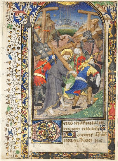 Leaf Excised from the Tarleton Hours:  Christ Carrying the Cross (Terce, Office of the Virgin), c. 1430. Northern France,  Normandy, Rouen?, 15th century. Ink, tempera, silver, and gold on vellum; overall: 15.3 x 11.1 cm (6 x 4 3/8 in.).