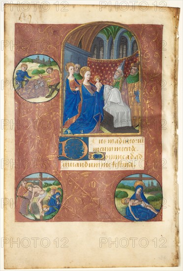 Leaf from a Book of Hours:  Presentation in the Temple with Roundels of the Casting of Lots, the Deposition, and Pietà (None, Office of the Virgin), c. 1460-70. Follower of Master of Adélaïde de Savoie (French). Ink, tempera and gold on vellum; each leaf: 11.2 x 9 cm (4 7/16 x 3 9/16 in.).