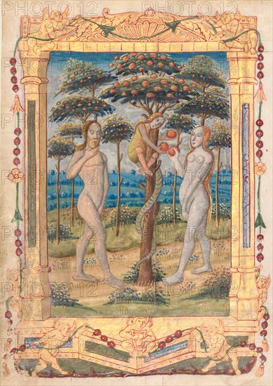 Leaf from a Book of Hours: Adam and Eve and the Fall of Man (Prefatory Miniature to the Office of the Virgin) (recto), c. 1510. France, Rouen, 16th century. Ink, tempera and liquid gold on vellum; each leaf: 17.9 x 12.8 cm (7 1/16 x 5 1/16 in.).