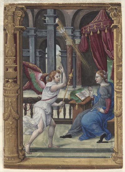 The Annunciation (Matins, Office of the Virgin): Leaf from a Book of Hours (1 of 3 Excised Leaves), c. 1530-1535. Noël Bellemare (French, d. 1546), and The 1520s Hours Workshop (French). Ink, tempera, and liquid gold on vellum; overall: 7.7 x 6.5 cm (3 1/16 x 2 9/16 in.).