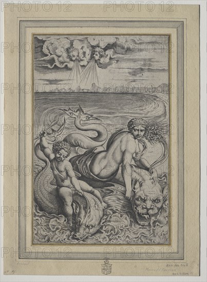 Love and Cupid Carried by Dolphins, 1500s. Marco Dente (Italian, c. 1486-1527), retouched by Francesco Villamena (Italian, 1566-1624), after Raphael (Italian, 1483-1520). Engraving; image: 26.8 x 17.4 cm (10 9/16 x 6 7/8 in.); secondary support: 34.8 x 25.2 cm (13 11/16 x 9 15/16 in.).