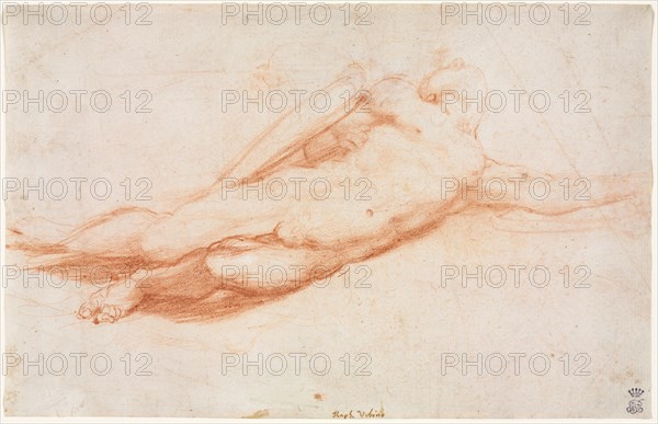 Study of a Fallen Soldier (possibly the Conversion of Saul) (recto), c. 1525. Attributed to Correggio (Italian, 1489?-1534). Red chalk; sheet: 17.5 x 27.3 cm (6 7/8 x 10 3/4 in.).