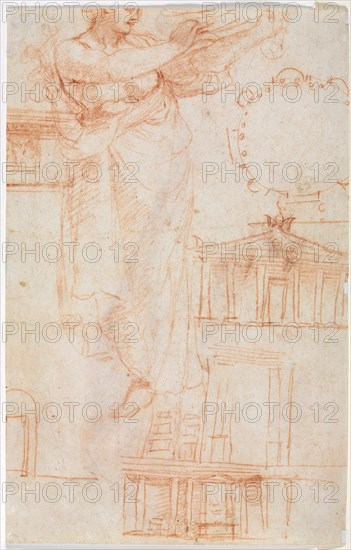 A Draped Female Figure (possibly an Amazon) and Architectural Studies (verso), c. 1525. Attributed to Correggio (Italian, 1489?-1534). Red chalk; sheet: 27.3 x 17.5 cm (10 3/4 x 6 7/8 in.).