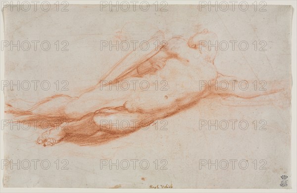 Study of a Fallen Soldier (possibly the Conversion of Saul) (recto); A Draped Female Figure (possibly an Amazon) and Architectural Studies (verso), c. 1525. Attributed to Correggio (Italian, 1489?-1534). Red chalk; sheet: 17.5 x 27.3 cm (6 7/8 x 10 3/4 in.).