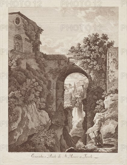 Presumably from Mahlerischradirte Prospecte von Italien (a set of 72 etchings published by Frauenholtz, Mexhau, Dies, and Reinhart, each contributed 24 plates): St. Rocco Waterfall and Bridge at Tivoli (Cascata e Ponte di St. Rocco a Tivoli), 1795. Albert Christoph Dies (Austrian, 1755-1822). Etching in brown ink; sheet: 39.9 x 30.7 cm (15 11/16 x 12 1/16 in.); platemark: 36.8 x 27.5 cm (14 1/2 x 10 13/16 in.)