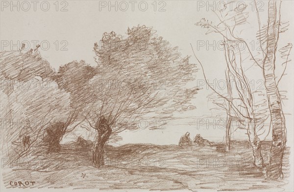 Willows and Poplars, 1871. Jean Baptiste Camille Corot (French, 1796-1875), Robaut. Lithograph with chine collé; sheet: 40.4 x 56.7 cm (15 7/8 x 22 5/16 in.); chine collé: 25.7 x 39.4 cm (10 1/8 x 15 1/2 in.)