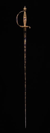 Small-Sword, c. 1790-1800. Switzerland, Geneva(?) (blade: Germany, Solingen, early 18th c.), late 18th Century. Hilt:  gold with blue translucent enamel;   blade:  etched, blued and gilded steel; overall: 97 cm (38 3/16 in.); blade: 81 cm (31 7/8 in.); hilt: 16.5 cm (6 1/2 in.)