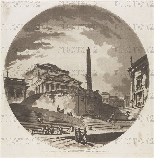 View of the Rotunda with Stairs on the Tiber, 1766. Jean-Claude-Richard de Saint-Non (French, 1727-1791), after Hubert Robert (French, 1733-1808). Aquatint and etching printed in brown; sheet: 43 x 33 cm (16 15/16 x 13 in.); platemark: 30.9 x 30.3 cm (12 3/16 x 11 15/16 in.).