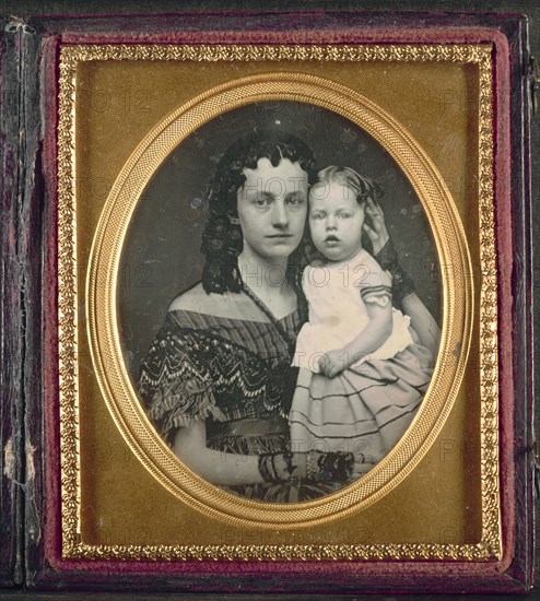 Mother and Child, c. 1855. Unidentified Photographer. Daguerreotype, applied color, sixth-plate; image: 8.3 x 7 cm (3 1/4 x 2 3/4 in.); case: 9.2 x 8.1 x 1.6 cm (3 5/8 x 3 3/16 x 5/8 in.); matted: 61 x 50.8 cm (24 x 20 in.)