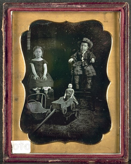 Two Children with Toys, c. 1855. Unidentified Photographer. Daguerreotype, quarter-plate; image: 10.8 x 8.3 cm (4 1/4 x 3 1/4 in.); case: 12.1 x 9.4 cm (4 3/4 x 3 11/16 in.); matted: 61 x 50.8 cm (24 x 20 in.)
