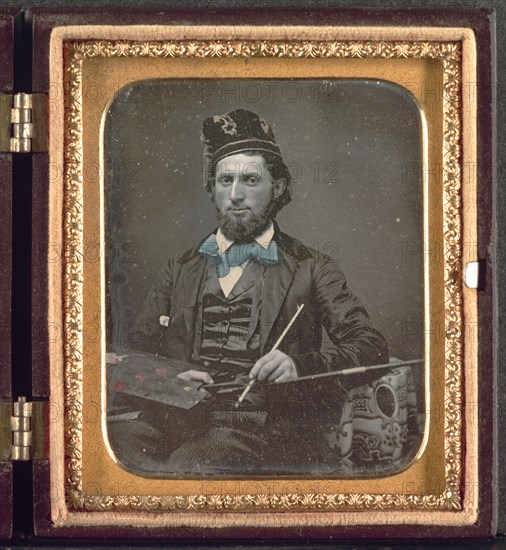 Artist with His Palette and Brushes, c. 1850s. Unidentified Photographer. Daguerreotype, sixth-plate; image: 8.3 x 7 cm (3 1/4 x 2 3/4 in.); case: 9.5 x 8.3 x 2.5 cm (3 3/4 x 3 1/4 x 1 in.); matted: 61 x 50.8 cm (24 x 20 in.)