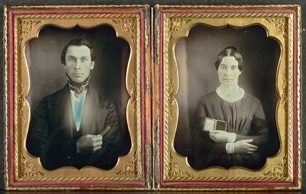 The Music Teacher and His Wife, c. 1850s. Unidentified Photographer. Daguerreotype, applied color, quarter-plate; image: 10.8 x 8.3 cm (4 1/4 x 3 1/4 in.); case: 11.8 x 9.4 cm (4 5/8 x 3 11/16 in.); matted: 50.8 x 61 cm (20 x 24 in.)