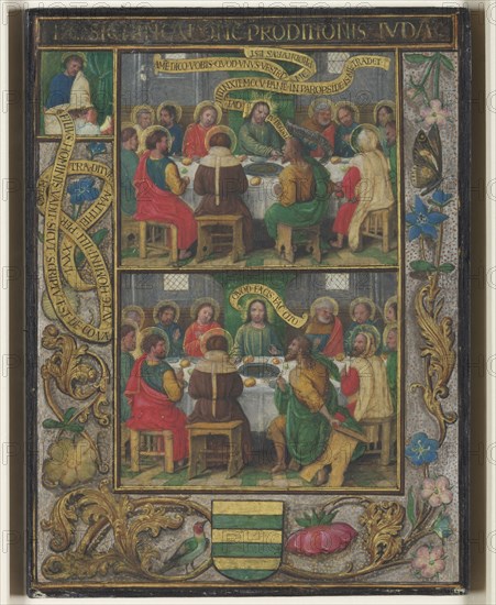 Single Leaf with Scenes from the Last Supper, c.1525-1530. Simon Bening (Flemish, 1483-1561). Tempera with liquid gold and silver on vellum, mounted on old wood board; overall: 17 x 12.5 cm (6 11/16 x 4 15/16 in.)