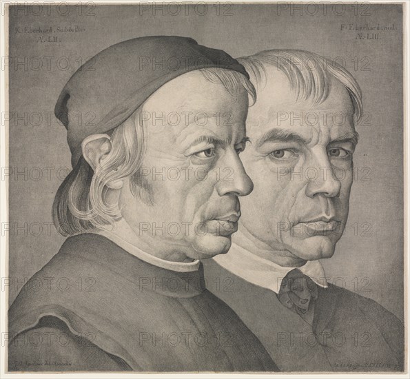 Double Portrait of the Brothers Konrad and Franz Eberhard, Painter and Sculptor in Munich, 1822. Johann Anton Ramboux (German, 1790-1866). Lithograph printed in black and gray; sheet: 32.1 x 34.7 cm (12 5/8 x 13 11/16 in.); image: 31.7 x 34.2 cm (12 1/2 x 13 7/16 in.)
