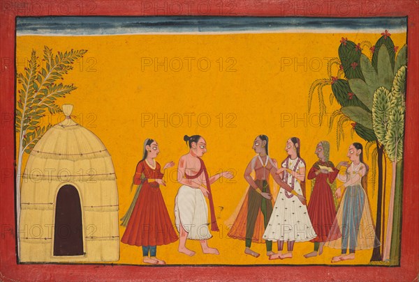 Rama and Sita Being Taken to the Priest to Fix the Wedding Date; page from the Ramayana (Tales of God Rama), c. 1700-1710. India, Pahari Hills, Kulu, Shangri Style IV, 18th century. Ink and color on paper; image: 18.5 x 28.7 cm (7 5/16 x 11 5/16 in.); overall: 20 x 30.4 cm (7 7/8 x 11 15/16 in.).