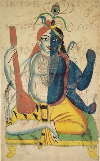 Hari-Hara, 1800s. India, Calcutta, Kalighat painting, 19th century. Black ink, color and silver paint on paper; secondary support: 49.9 x 29.8 cm (19 5/8 x 11 3/4 in.); painting only: 45.5 x 28.2 cm (17 15/16 x 11 1/8 in.).
