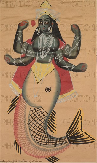 Matsya, Fish Avatara of Vishnu, 1800s. India, Calcutta, Kalighat painting, 19th century. Black ink, color and silver paint, and graphite underdrawing on paper; secondary support: 47.5 x 29.2 cm (18 11/16 x 11 1/2 in.); painting only: 44.9 x 27.2 cm (17 11/16 x 10 11/16 in.).