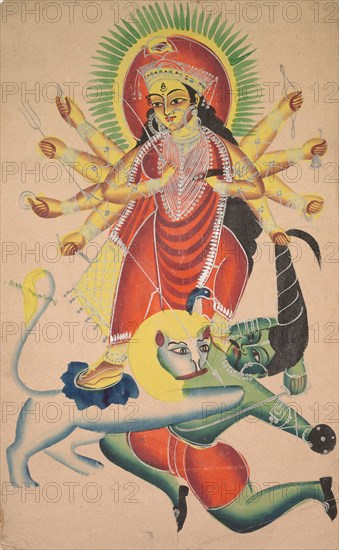 Durga Killing the Demon Mahisha, 1800s. India, Calcutta, Kalighat painting, 19th century. Black ink, watercolor, and tin paint on paper; secondary support: 50.5 x 32 cm (19 7/8 x 12 5/8 in.); painting only: 45.8 x 28.3 cm (18 1/16 x 11 1/8 in.).
