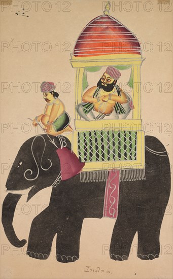 Mahant of Tarakeshwar Rides on an Elephant, 1800s. India, Calcutta, Kalighat painting, 19th century. Black ink, watercolor, and tin paint, with graphite underdrawing on paper; secondary support: 60.8 x 42.3 cm (23 15/16 x 16 5/8 in.); painting only: 45.4 x 27.8 cm (17 7/8 x 10 15/16 in.).