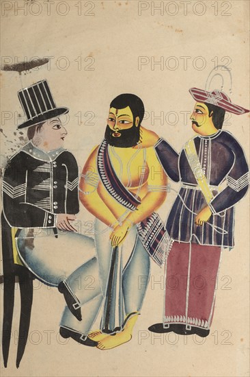 Jailer Receiving the Mahant of Tarakeshwar in Prison, 1800s. India, Calcutta, Kalighat painting, 19th century. Black ink, watercolor, and tin paint, with graphite underdrawing on paper; painting only: 45 x 28 cm (17 11/16 x 11 in.).