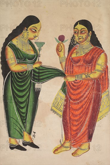 Maid Bringing a Hookah to a Lady (recto); Krishna Weighted against Precious Objects (?) (verso), 1800s. India, Calcutta, Kalighat painting, 19th century. Black ink, watercolor, and tin paint on paper; secondary support: 48.6 x 30.1 cm (19 1/8 x 11 7/8 in.); painting only: 45.8 x 27.9 cm (18 1/16 x 11 in.).