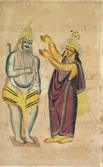 Parvati Placing a Wedding Garland on Shiva, 1800s. India, Calcutta, Kalighat painting, 19th century. Black ink, color and silver paint, and graphite underdrawing on paper; secondary support: 48.2 x 29.6 cm (19 x 11 5/8 in.); painting only: 45.6 x 28 cm (17 15/16 x 11 in.).