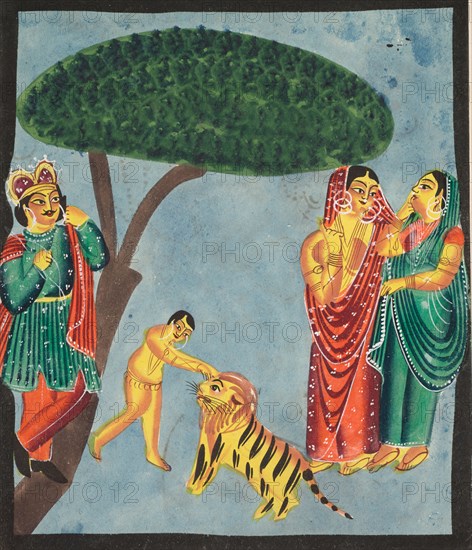 Jatayu (Rama's Mythical Bird) Hinders Ravana's Chariot, Trying to Prevent Abduction of Sita, 1800s. India, Calcutta, Kalighat painting, 19th century. Black ink, color and silver paint, and graphite underdrawing on paper; secondary support: 47.8 x 29.4 cm (18 13/16 x 11 9/16 in.); painting only: 45.5 x 28.2 cm (17 15/16 x 11 1/8 in.).