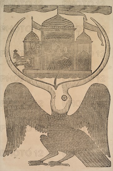 Jatayu (Rama'a Mythical Bird) Hinders Ravana's Chariot, Trying to Prevent Abduction of Sita, 1800s. Shri Gobinda Chandra Roy. Woodcut; black ink on paper; secondary support: 49.8 x 31.4 cm (19 5/8 x 12 3/8 in.); painting only: 40.6 x 26.5 cm (16 x 10 7/16 in.).