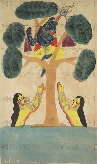 Krishna Steals the Clothes of the Cowgirls (Gopis), 1800s. India, Calcutta, Kalighat painting, 19th century. Black ink, watercolor, and tin paint, with graphite underdrawing on paper; secondary support: 48.5 x 29.9 cm (19 1/8 x 11 3/4 in.); painting only: 45.5 x 28 cm (17 15/16 x 11 in.).