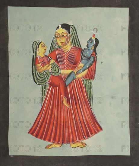 Yasoda Holding Krishna and Radha, 1800s. India, Calcutta, Kalighat painting, 19th century. Black ink, color and silver paint, and graphite underdrawing on paper; secondary support: 36 x 29.1 cm (14 3/16 x 11 7/16 in.); painting only: 30.1 x 25.2 cm (11 7/8 x 9 15/16 in.).