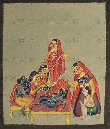 Worship of the Infant Krishna, 1800s. India, Calcutta, Kalighat painting, 19th century. Ink, color, and silver paint on paper; secondary support: 36 x 29.1 cm (14 3/16 x 11 7/16 in.); painting only: 29 x 25 cm (11 7/16 x 9 13/16 in.).