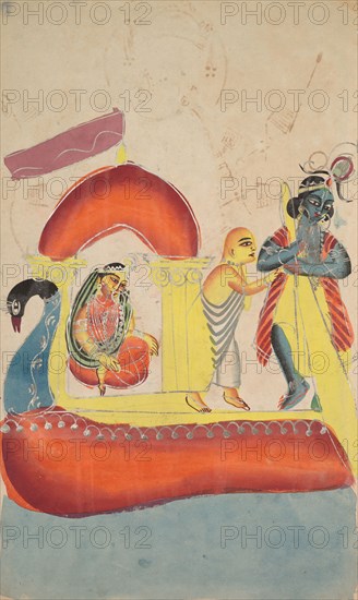 Krishna Ferrying Radha Across the Yamuna River, 1800s. India, Calcutta, Kalighat painting, 19th century. Black ink, watercolor, and tin paint, with graphite underdrawing on paper; secondary support: 48.5 x 29.3 cm (19 1/8 x 11 9/16 in.); painting only: 45.5 x 27.4 cm (17 15/16 x 10 13/16 in.).