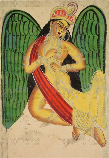 Winged Apsara with a Horn, 1800s. India, Calcutta, Kalighat painting, 19th century. Black ink, color and silver paint, and graphite underdrawing on paper; secondary support: 47.9 x 29.3 cm (18 7/8 x 11 9/16 in.); painting only: 45.5 x 27.8 cm (17 15/16 x 10 15/16 in.).