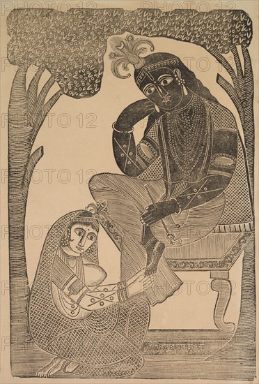 Radha Stroking Krishna's Feet, 1800s. Shri Gobinda Chandra Roy. Woodcut with black ink on paper; secondary support: 49.9 x 30 cm (19 5/8 x 11 13/16 in.); painting only: 40.6 x 26.5 cm (16 x 10 7/16 in.).