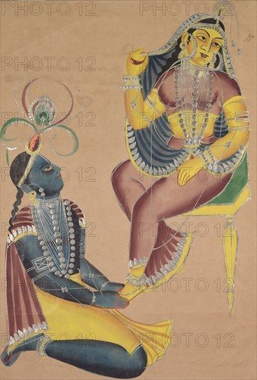 Krishna Stroking Radha's Feet, 1800s. India, Calcutta, Kalighat painting, 19th century. Black ink, color and silver paint on paper; painting only: 40.4 x 28 cm (15 7/8 x 11 in.).