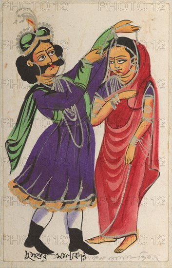 Dusmanta Garlanding Shakumtala, 1800s. India, Calcutta, Kalighat painting, 19th century. Black ink, color and silver paint, and graphite underdrawing on paper; secondary support: 15 x 10.7 cm (5 7/8 x 4 3/16 in.); painting only: 13.6 x 8.7 cm (5 3/8 x 3 7/16 in.).
