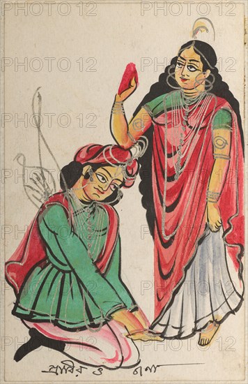 Pravira Kneeling at the Feet of Jana, 1800s. India, Calcutta, Kalighat painting, 19th century. Black ink, color and silver paint, and graphite underdrawing on paper; painting only: 15 x 10.3 cm (5 7/8 x 4 1/16 in.).