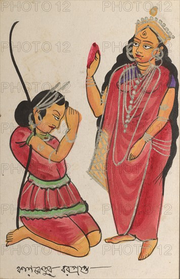 Kalaketu Receiving a Boon from the Goddess Chandi, 1800s. India, Calcutta, Kalighat painting, 19th century. Black ink, color and silver paint, and graphite underdrawing on paper; painting only: 13.6 x 8.8 cm (5 3/8 x 3 7/16 in.).