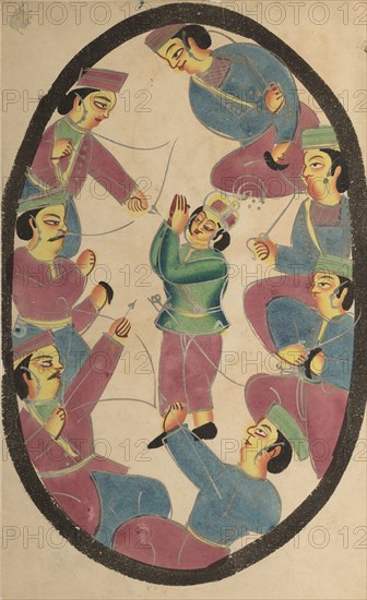 Seven Heroes or Warriors Killing Abhimanya, Son of Arjuna, 1800s. India, Calcutta, Kalighat painting, 19th century. Black ink, watercolor, and tin paint, with graphite underdrawing on paper; secondary support: 49.9 x 30 cm (19 5/8 x 11 13/16 in.); painting only: 45.6 x 27.7 cm (17 15/16 x 10 7/8 in.).