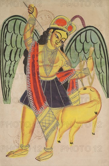 Diana or Artemis, Goddess of the Hunt, 1800s. India, Calcutta, Kalighat painting, 19th century. Black ink, watercolor, and tin paint, with graphite underdrawing on paper; secondary support: 48.4 x 27.6 cm (19 1/16 x 10 7/8 in.); painting only: 45.4 x 27.8 cm (17 7/8 x 10 15/16 in.).
