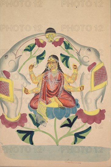 Gajalakshmi: Lakshmi with Elephants, 1800s. India, Calcutta, Kalighat painting, 19th century. Black ink, watercolor, and tin paint, with graphite underdrawing on paper; secondary support: 60.7 x 42.4 cm (23 7/8 x 16 11/16 in.); painting only: 43 x 27.7 cm (16 15/16 x 10 7/8 in.).