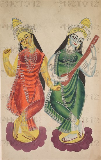 Goddesses Lakshmi and Sarasvati, 1800s. India, Calcutta, Kalighat painting, 19th century. Black ink, watercolor, and tin paint on paper; secondary support: 40.5 x 30 cm (15 15/16 x 11 13/16 in.); painting only: 45.3 x 28.4 cm (17 13/16 x 11 3/16 in.).