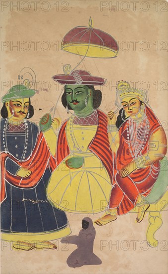 Rama and Sita Enthroned with Lakshmana and Hanuman Attending, 1800s. India, Calcutta, Kalighat painting, 19th century. Black ink, watercolor with graphite underdrawing