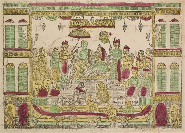 Rama and Sita in Royal Palace, 1800s. Shri Gobinda Chandra Roy. Woodcut with black ink and handcolored with yellow, green and red paint on paper; secondary support: 29.7 x 47.7 cm (11 11/16 x 18 3/4 in.); painting only: 27 x 38.6 cm (10 5/8 x 15 3/16 in.).