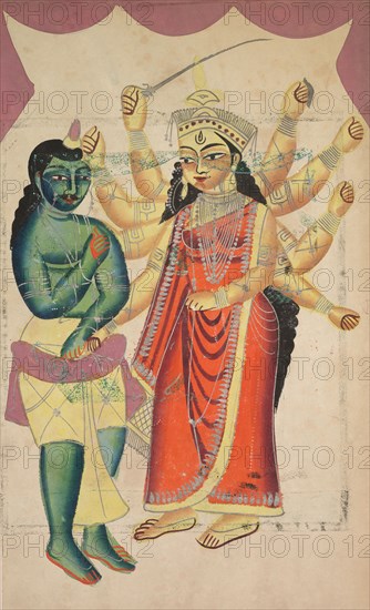 Durga, 1800s. India, Calcutta, Kalighat painting, 19th century. Black ink, color and silver paint, and graphite underdrawing on paper; secondary support: 46.9 x 29.8 cm (18 7/16 x 11 3/4 in.); painting only: 45.6 x 27.6 cm (17 15/16 x 10 7/8 in.).