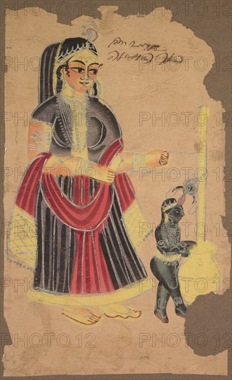 Yasoda and Krishna, 1800s. India, Calcutta, Kalighat painting, 19th century. Black ink, color and silver paint, and graphite underdrawing on paper; secondary support: 48.9 x 33.8 cm (19 1/4 x 13 5/16 in.); painting only: 42 x 26 cm (16 9/16 x 10 1/4 in.).