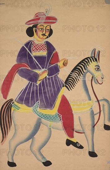 Raja Riding a Horse, 1800s. India, Calcutta, Kalighat painting, 19th century. Black ink, color paint, and graphite underdrawing on paper; painting only: 45.4 x 27.8 cm (17 7/8 x 10 15/16 in.).