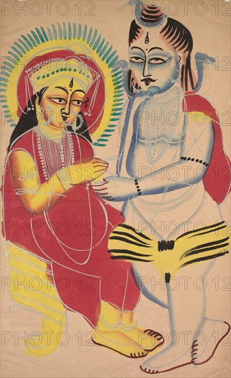 Annapurna and Shiva, 1800s. India, Calcutta, Kalighat painting, 19th century. Black ink, watercolor, and tin paint, with graphite underdrawing on paper; secondary support: 50.3 x 30.7 cm (19 13/16 x 12 1/16 in.); painting only: 45.5 x 27.6 cm (17 15/16 x 10 7/8 in.).